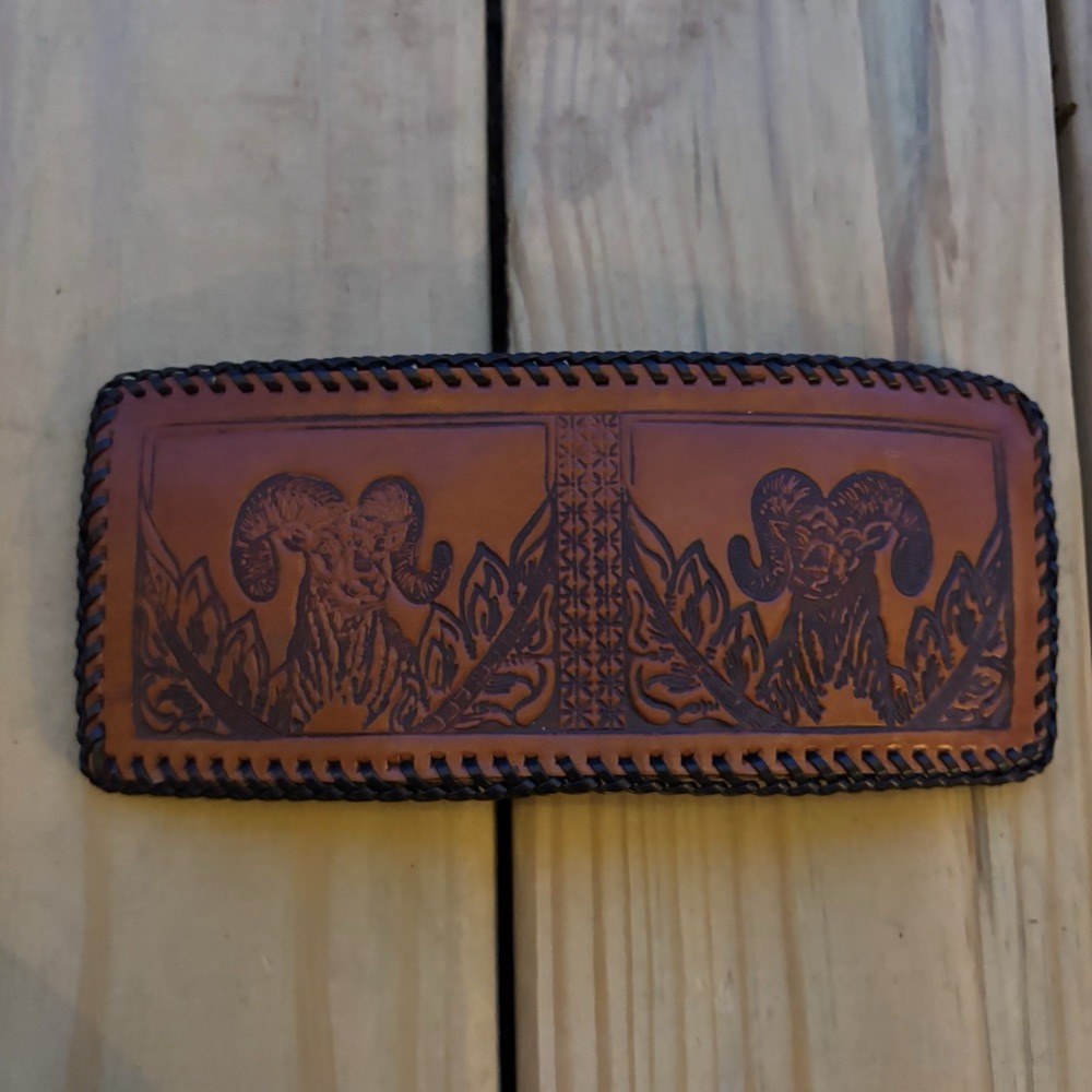 Ram Horn Leather Wallet Hand Tooled Bi Fold Handmade Whipstitch USA Made
